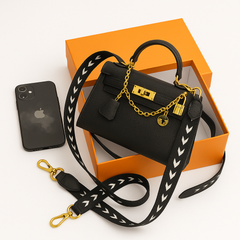 Mini  Pebbled Leather Satchel with Gold Chain Accent & Chevron-Print Strap