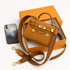 Mini  Pebbled Leather Satchel with Gold Chain Accent & Chevron-Print Strap