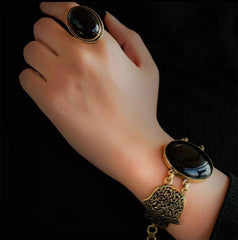 Black Stone & Brass Filigree Jewelry Set