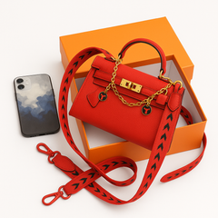 Mini  Pebbled Leather Satchel with Gold Chain Accent & Chevron-Print Strap