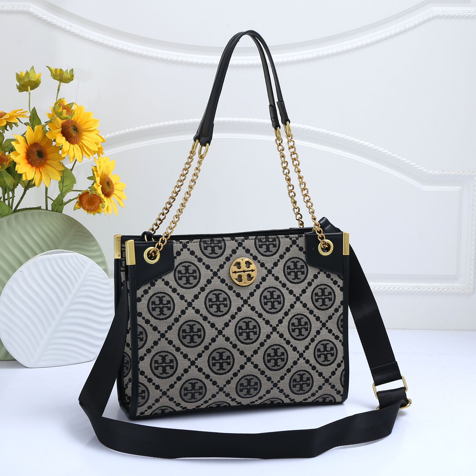 Elegant Patterned Tote Bag with Gold Chain Detail (SABA009D)