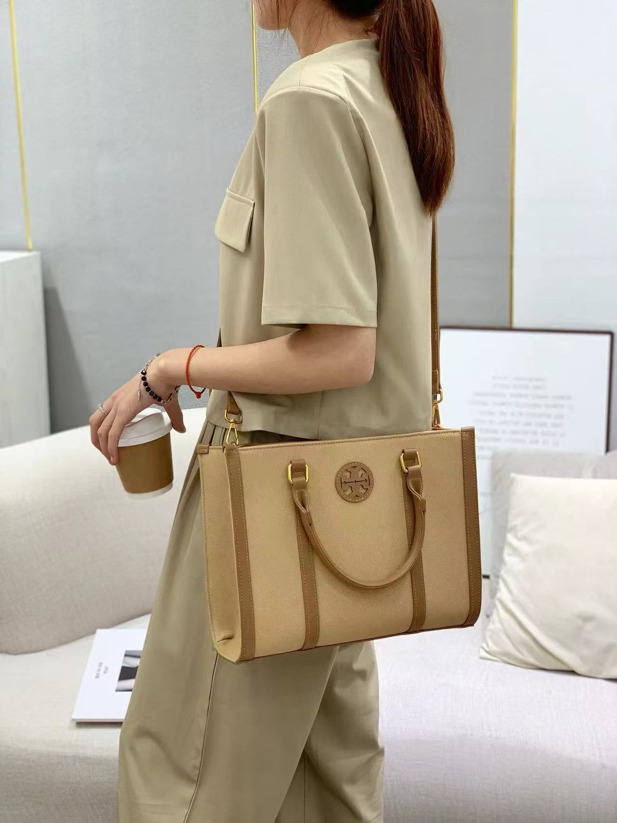 Tory Burch Canvas and Leather Tote Bag (NMBA009)