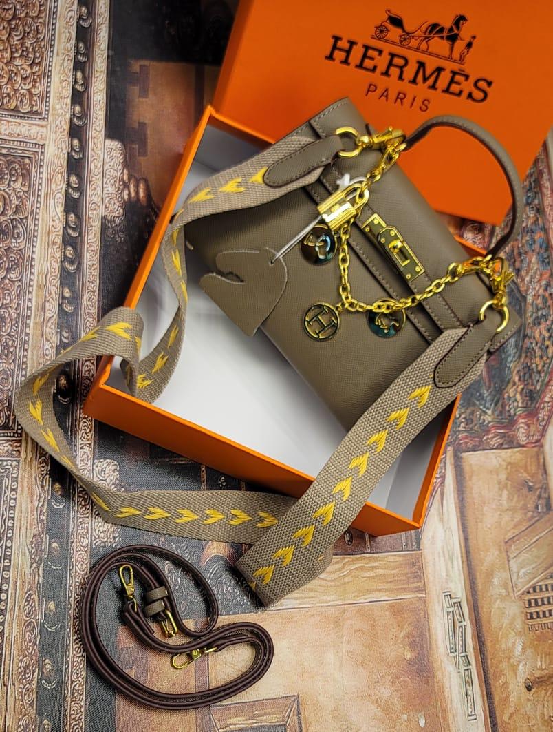 Mini  Pebbled Leather Satchel with Gold Chain Accent & Chevron-Print Strap