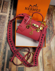 Mini  Pebbled Leather Satchel with Gold Chain Accent & Chevron-Print Strap